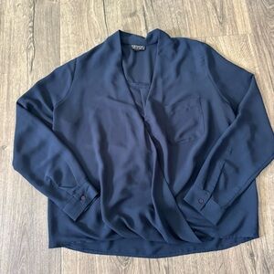 Topshop navy Blue Long Sleeve Blouse v cut pocket size 6 women